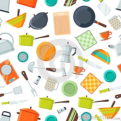 Vector kitchen utensils flat icons background or pattern illustration Vector Illustration