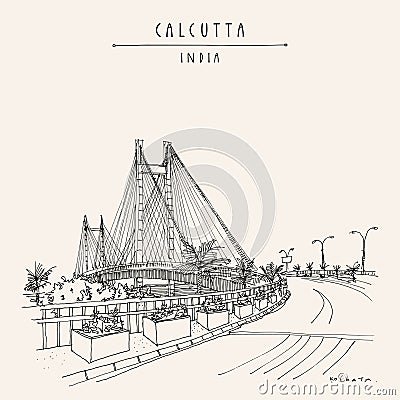 Vector Kolkata (Calcutta), India postcard. Vidyasagar Setu bridge artistic cityscape Stock Photo