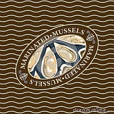 Marinated mussels on the background of waves Vector Illustration