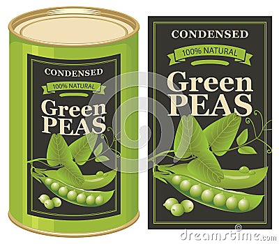 Vector label for a tin can of canned green peas Vector Illustration