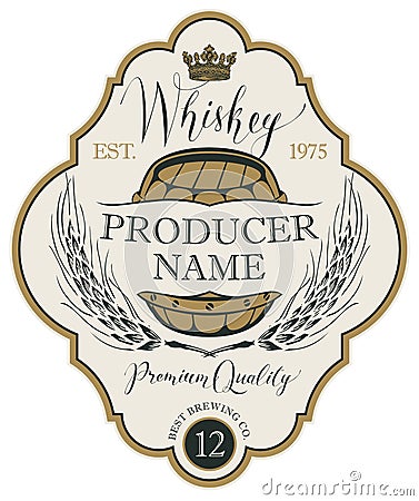 Label for whiskey with ears of barley and barrel Vector Illustration
