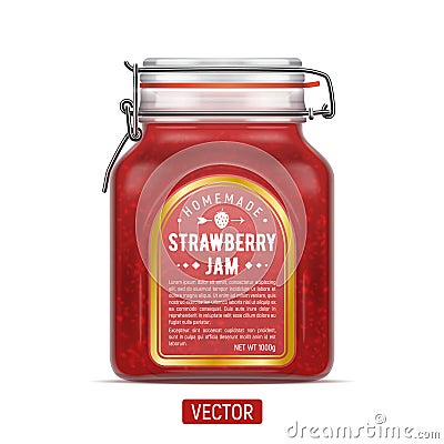 Vector labeled Bale Square Glass Jar with Swing Top Lid filled with strawberry jam. Vector Illustration