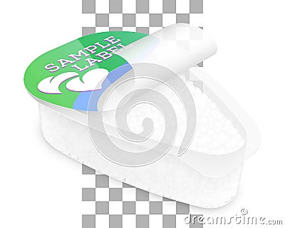 Labeled drop shape open transparent plastic container with grain curd within. Vector mockup illustration Vector Illustration