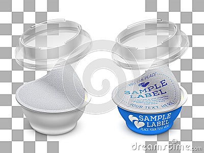 Vector labeled open plastic round container with opened foil seal and transparent lid. Packaging template illustration Vector Illustration