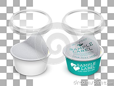 Vector labeled open plastic round container with opened foil and transparent lid. Packaging mockup illustration Vector Illustration