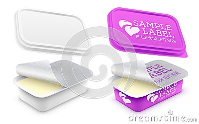 Vector labeled open rectangular plastic container with foil seal, lid and foodstuff or cosmetics cream within. Packaging mockup Vector Illustration