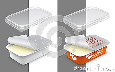 Vector labeled open rectangular plastic container with foil Vector Illustration
