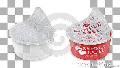 Vector labeled open round transparent plastic container with opened foil seal. Packaging mockup illustration Vector Illustration