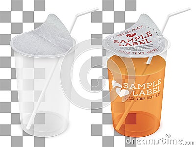 Vector labeled open round transparent plastic cup with foil cap and straw. Packaging mockup illustration Vector Illustration