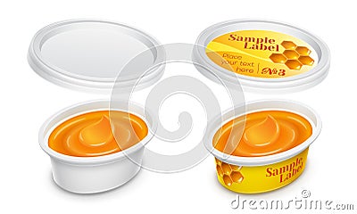 Vector labeled oval plastic container with caramel within. Vector Illustration