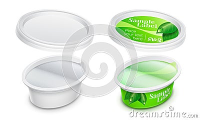 Vector labeled oval plastic container with foil. Packaging mockup Vector Illustration