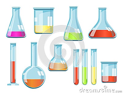 Vector laboratory glassware with liquids of different colors Vector Illustration