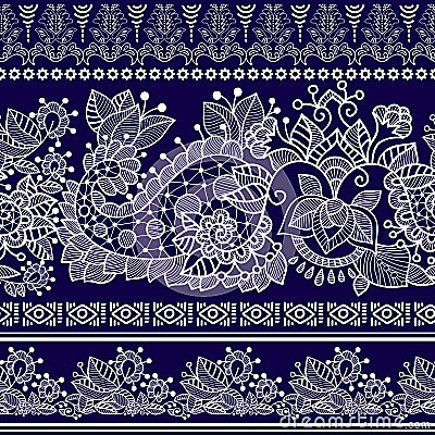 Vector lace bohemian seamless border with floral and Paisley elements. Vector Illustration