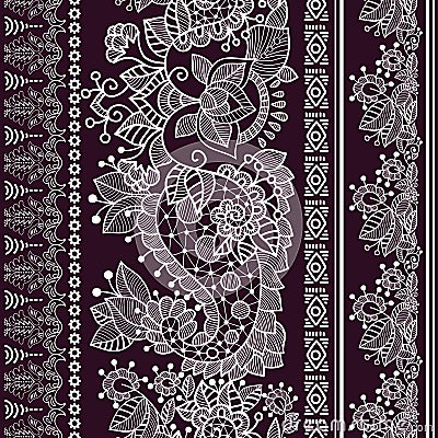 Vector lace bohemian seamless border with floral and Paisley elements. Vector Illustration