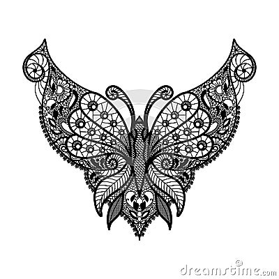 Vector lace neckline. Neck print with butterfly shape and floral ornament Vector Illustration