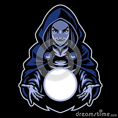 Lady witch mascot with magic glass ball Vector Illustration