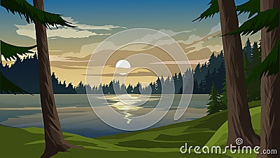 Vector lake landscape at sunset Vector Illustration