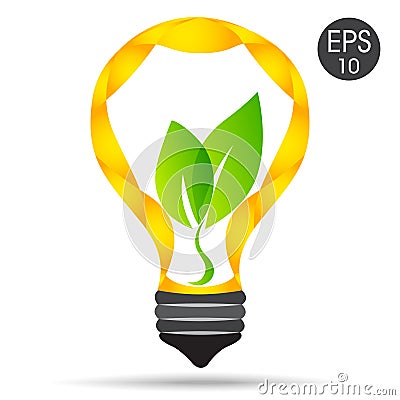 Vector lamp. Green idea. Lightbulb with green leaves. Vector Illustration