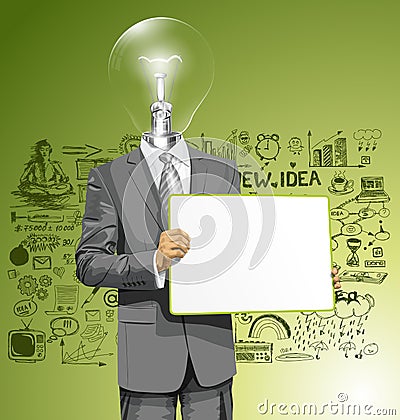 Vector Lamp Head Business Man with Empty Write Board Vector Illustration