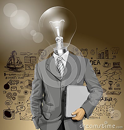 Vector Lamp Head Businessman With Laptop Vector Illustration