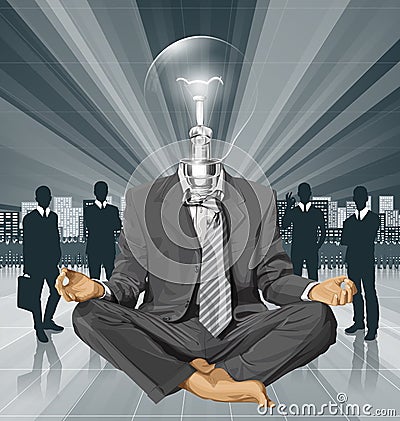 Vector Lamp Head Businessman in Lotus Pose Meditating Vector Illustration