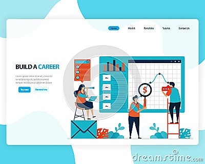 Vector landing page of building a career and leadership. chart in achieving business goals. develop mental in work. illustration Vector Illustration