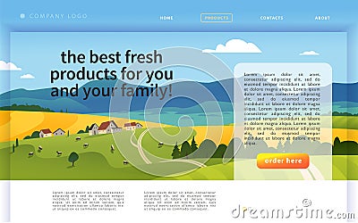 Vector landing page design template with beautiful flat countryside village farm landscape illustration. Vector Illustration