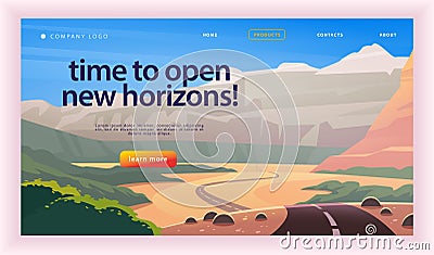 Vector landing page design template with beautiful flat summer canyon mountains road trip landscape illustration. Vector Illustration