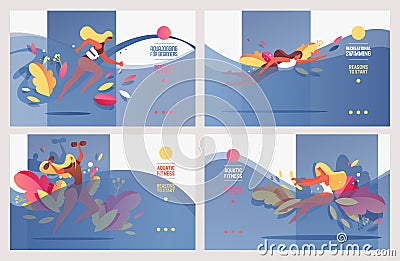 Vector landing pages for sport in pool, aqua courses for women. Aqua aerobics, yoga, training and exercises in bright vivid Stock Photo