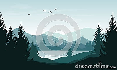 Vector landscape with blue silhouettes of mountains, hills and forest and sky with clouds and birds Vector Illustration