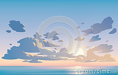 Vector landscape blue sky and clouds. Sunset. Anime cartoon clean style. Stock Photo