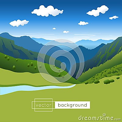 Vector landscape with blue sky, mountains, river and clouds Vector Illustration