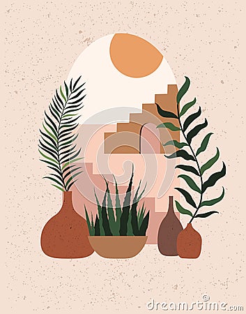 Landscape with flowers in the vases Vector Illustration