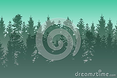 Vector landscape with green layered misty coniferous forest. Vector Illustration