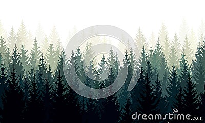 Vector landscape with green silhouettes of coniferous trees in the mist Vector Illustration