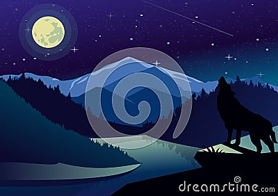 Vector landscape illustration with mountains and forests in night time. Wolf on the top of mountain howling at the moon Vector Illustration