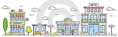 Vector landscape in line art style. Outline street with houses, building, tree and clouds. Cafe, pharmacy, hotel and bus Vector Illustration