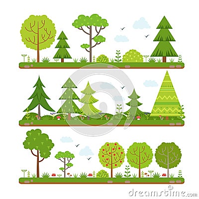 Vector landscape set with forest trees and other floral elements Vector Illustration