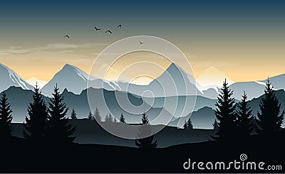 Vector landscape with silhouettes of trees, hills and misty mountains and morning or evening sky Vector Illustration