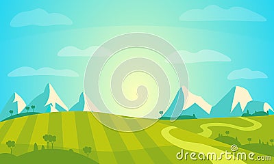 Vector Landscape with Sunny Field and Mountains . Rural Farm Scenery Illustration. Vector Illustration