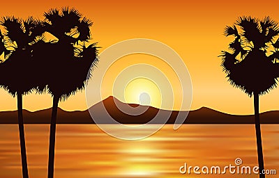 Vector landscape with sunset sea, silhouette of land and palm tr Vector Illustration