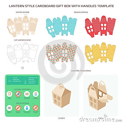 Vector lantern style cardboard gift box with handles templates set Vector Illustration