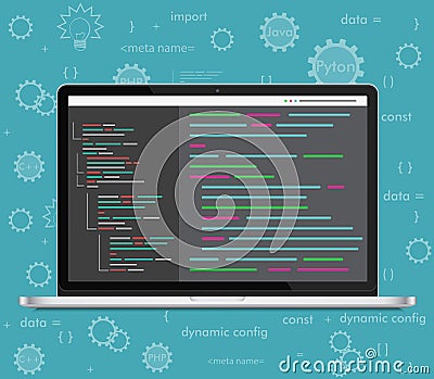 Vector laptop coding concept. Web developer, design, programming. Laptop screen code. Vector Illustration