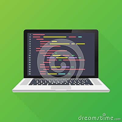 Vector laptop coding concept. Web developer, design, programming. Laptop screen code. Vector illustration. Vector Illustration