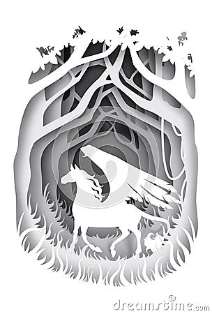 Mythical Pegasus in forest, vector illustration in paper art style Vector Illustration
