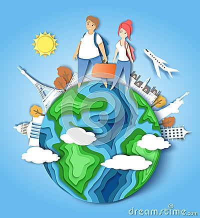 Travel around the world, vector paper cut illustration Vector Illustration