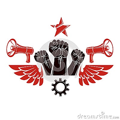 Vector leaflet created using clenched fists raised up, megaphone Vector Illustration