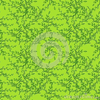Vector Leaves Seamless Pattern, Outline Drawings, Hand Drawn Plants, Green Lines. Vector Illustration