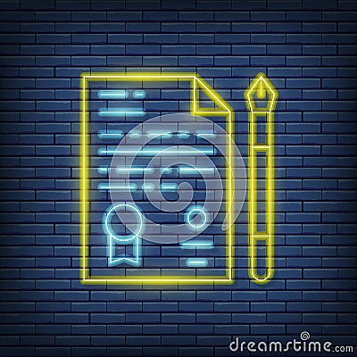 Vector legal document, agreement, application neon sign. Vector illustration in neon style. Vector Illustration