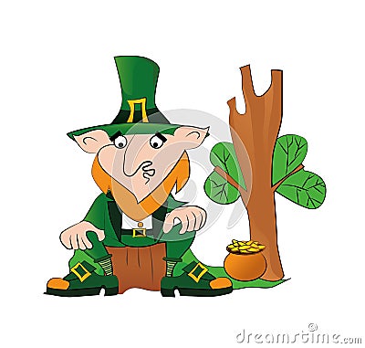 Vector leprechaun on stump with a pot of gold coins. Vector Illustration